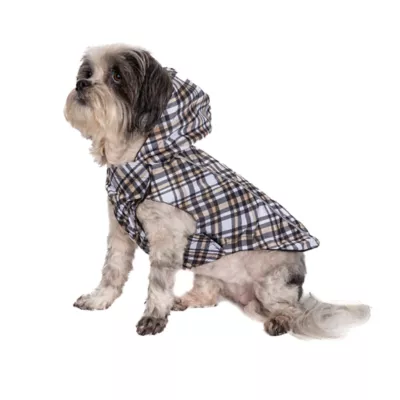 Product Hip Doggie Hooded Black & Tan Plaid Reversible Dog Raincoat