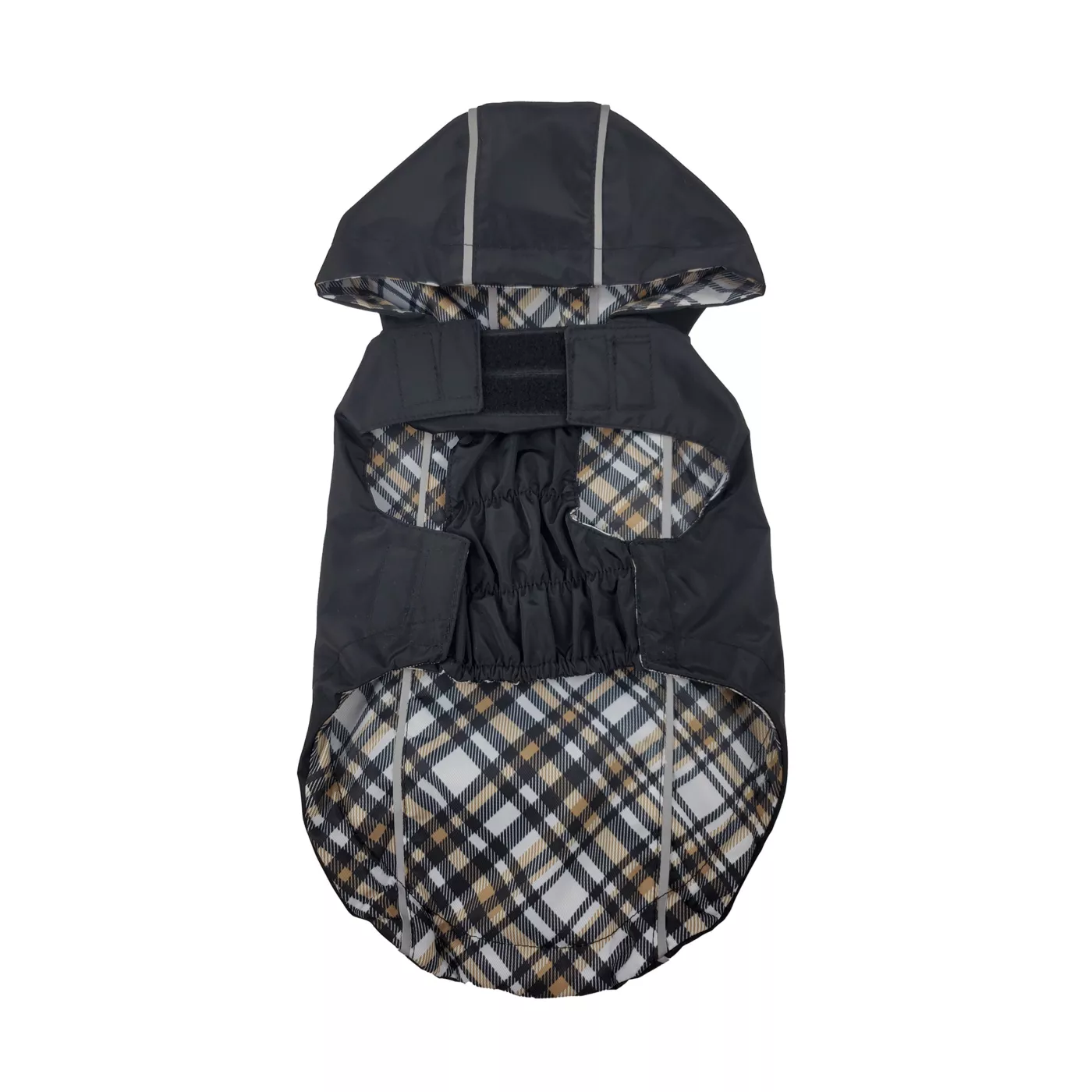 Hip Doggie Hooded Black Tan Plaid Reversible Dog Raincoat