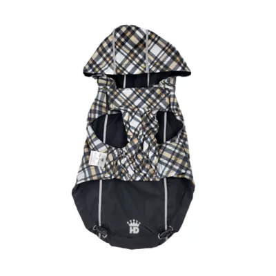 Product Hip Doggie Hooded Black & Tan Plaid Reversible Dog Raincoat