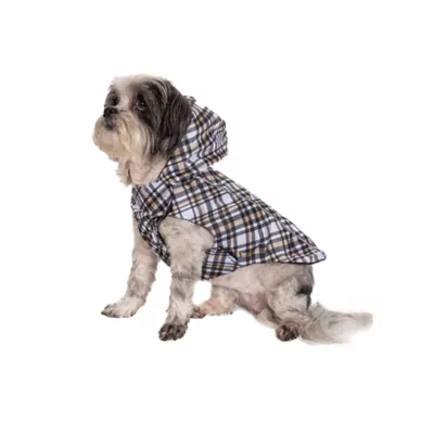 Product Hip Doggie Hooded Black & Tan Plaid Reversible Dog Raincoat