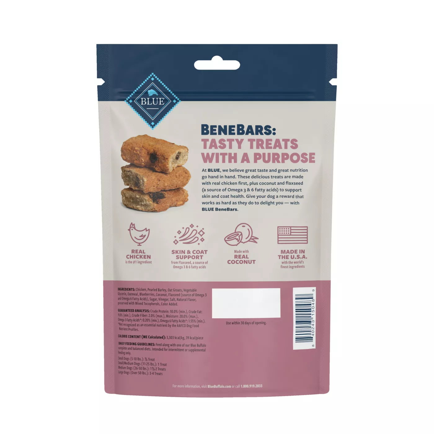 Blue Buffalo Benebars Natural Skin Coat Support All Life Stage Dog Treats Chicken Coconut