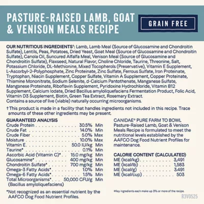 Product Canidae Pure Farm To Bowl Dog Food - Pasture-Raised Lamb and Goat & Venison Meals Recipe, 22 lbs