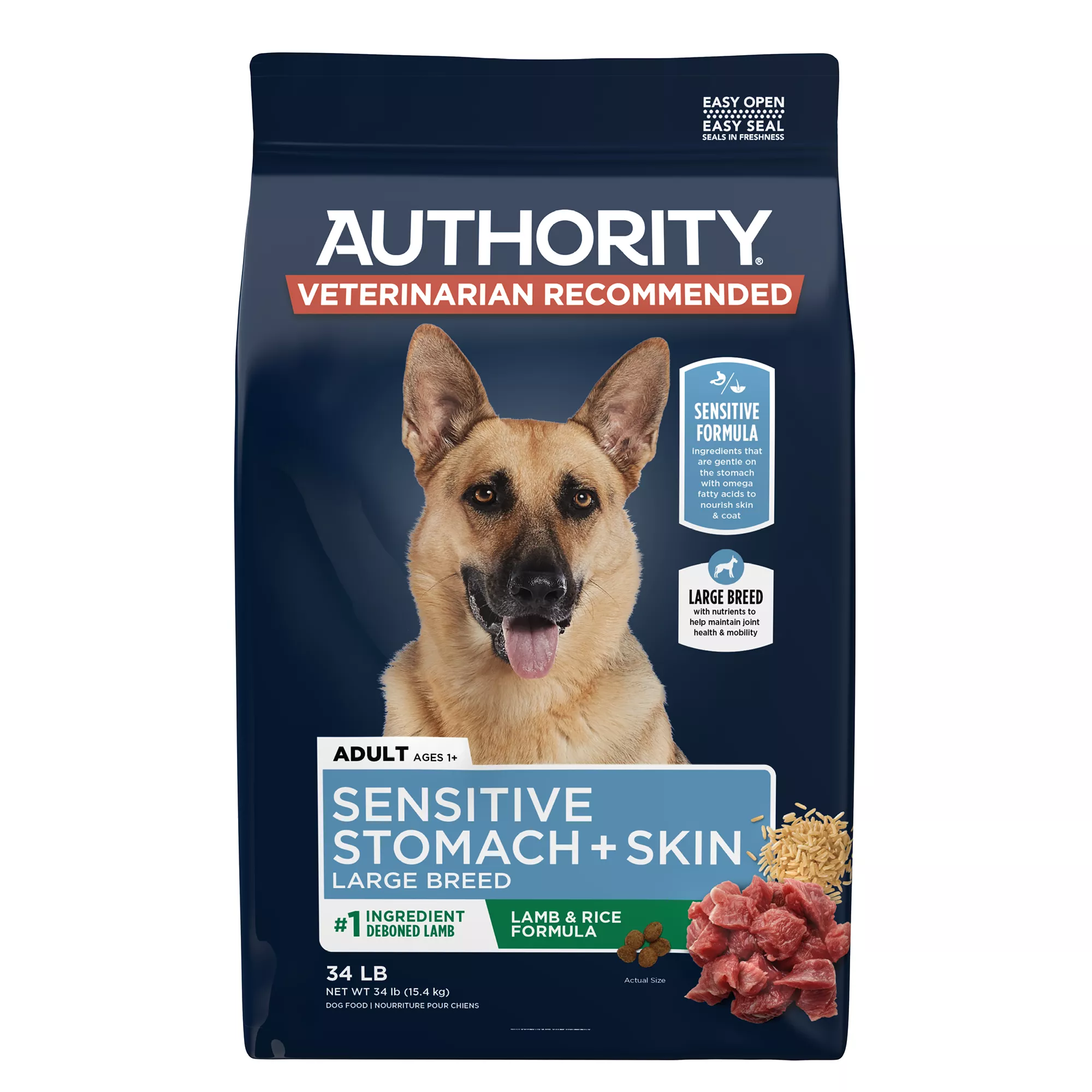 Authority Sensitive Stomach & Skin Large Breed Adult Dog Dry Food - Lamb & Rice, 34 lb