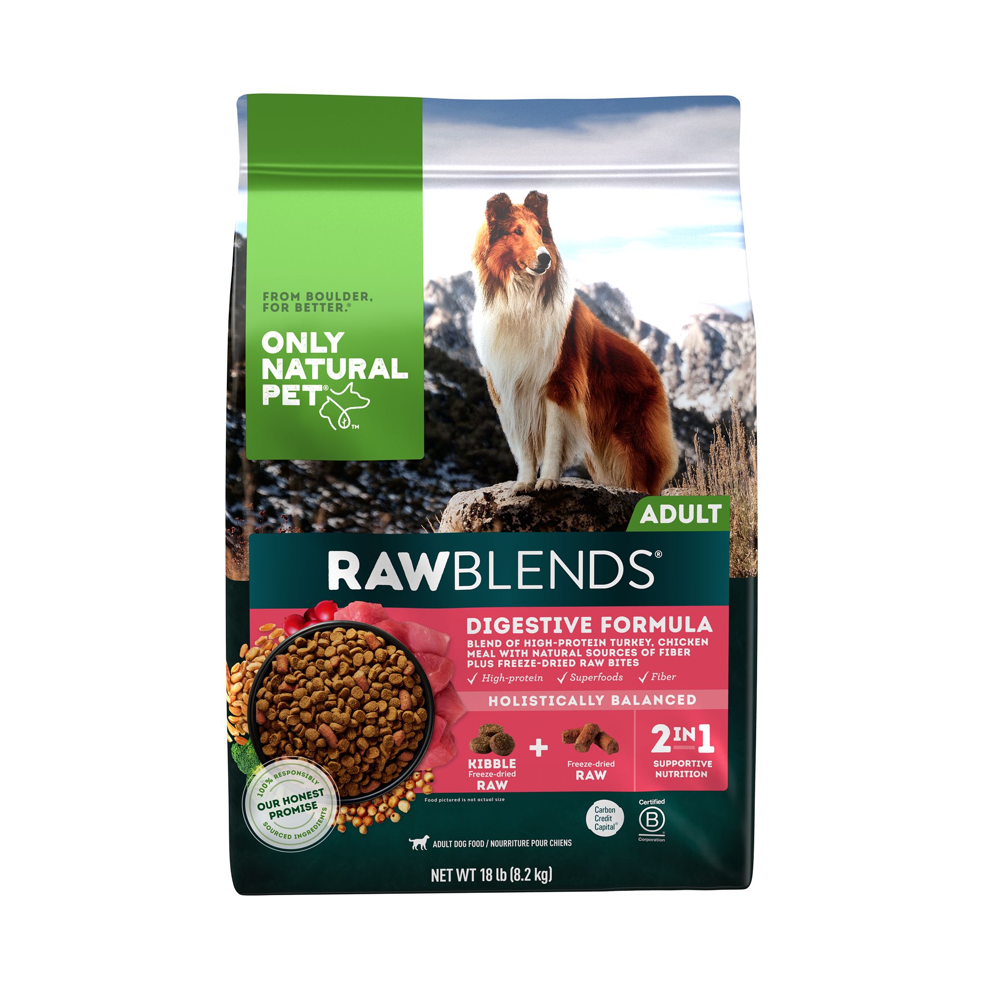 Only Natural Pet RawBlends Adult Dog Food Kibble With Raw Bites Digestive Formula