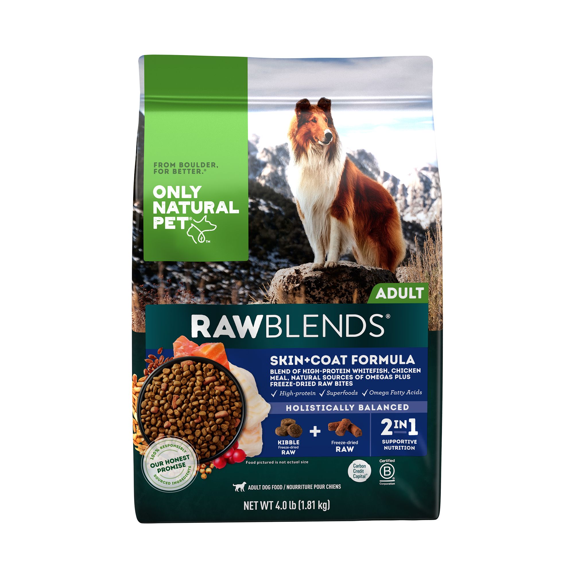 Only Natural Pet RawBlends Adult Dog Food Kibble with Raw Bites Skin Coat Formula Size 4 lb Flavor Chicken Fish PetSmart