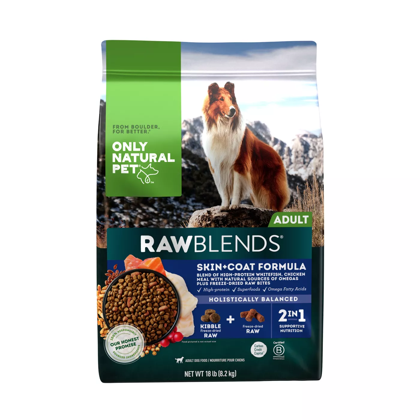 Only Natural Pet RawBlends Adult Dog Food Kibble With Raw Bites Skin Coat Formula