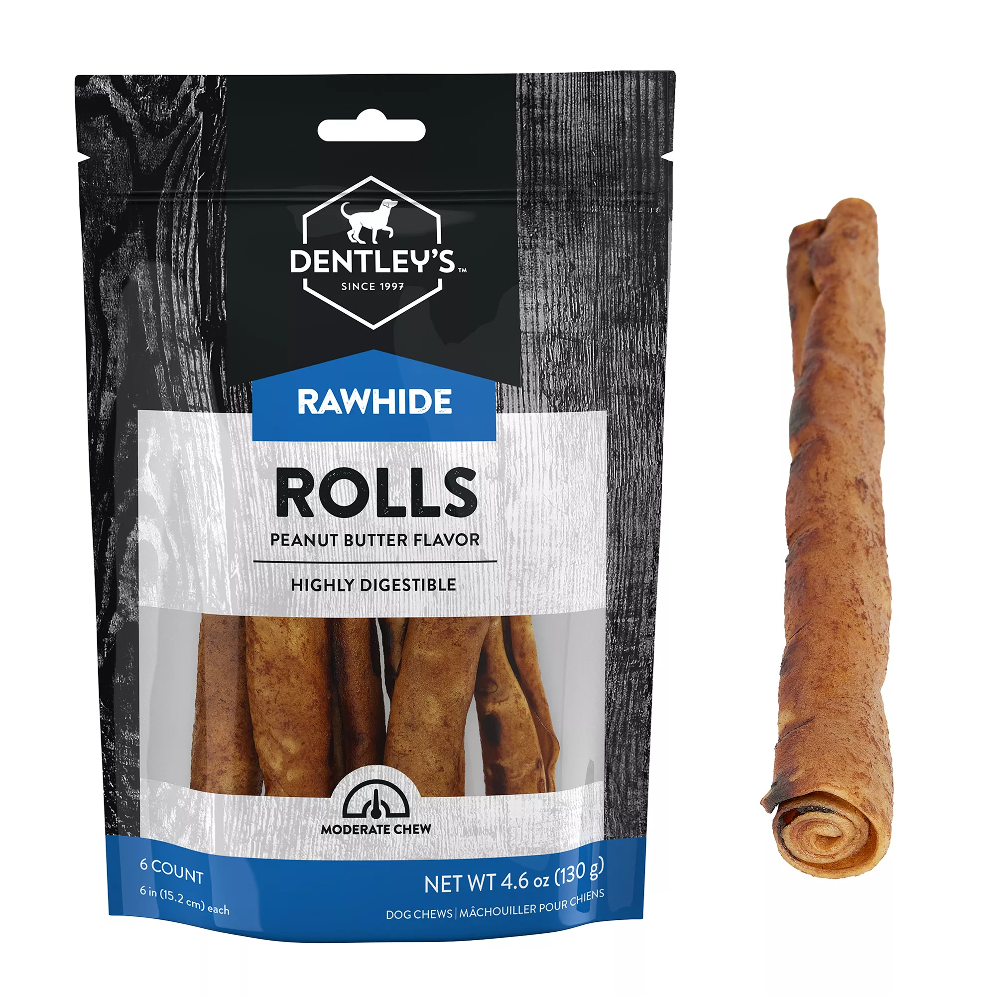 Dentley's Rawhide Peanut Butter Flavor Rolls 6 Count 4.6 OZ