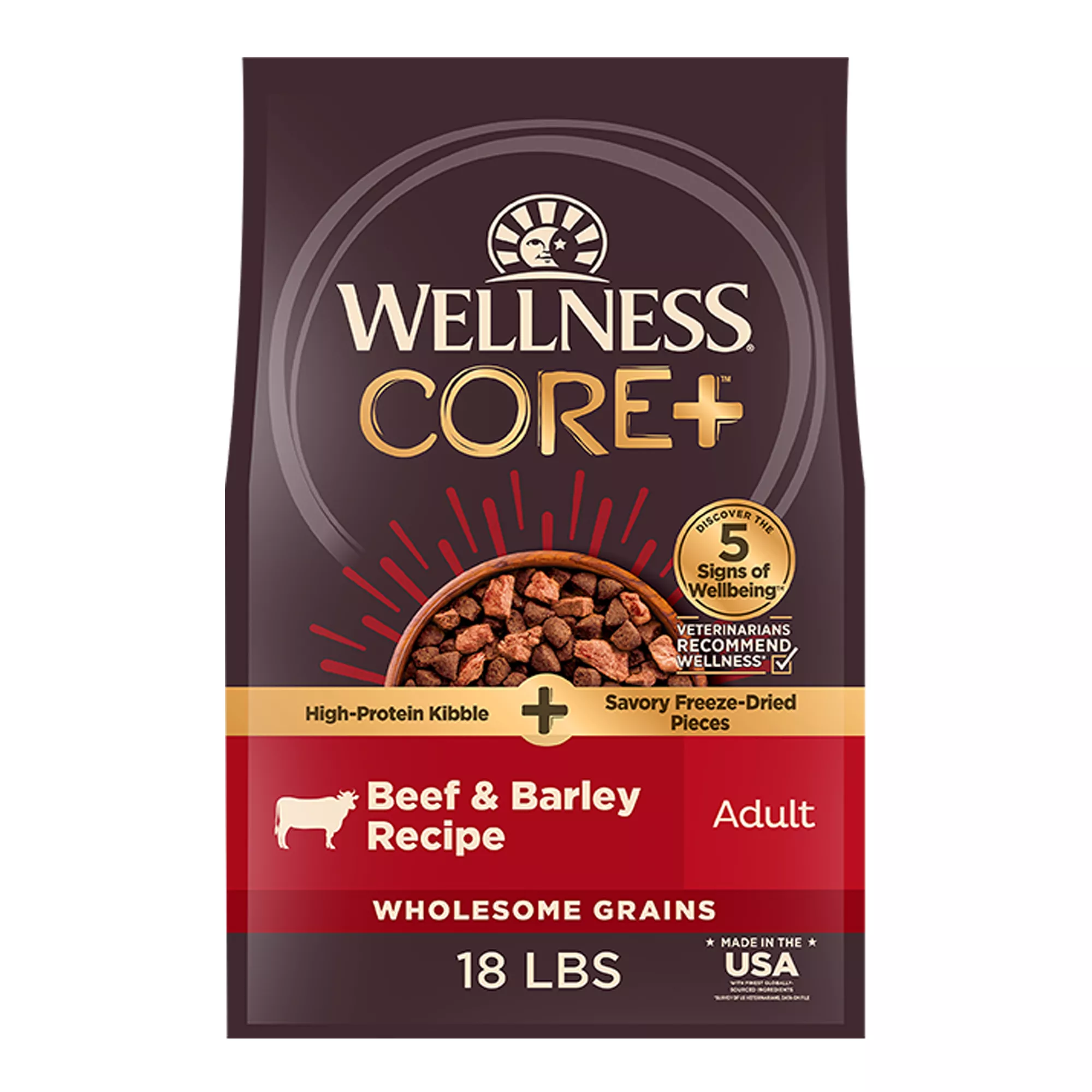 Wellness Core+ High Protein Kibble + Savory Freeze-Dried Pieces - Beef & Barley, Wholesome Grains