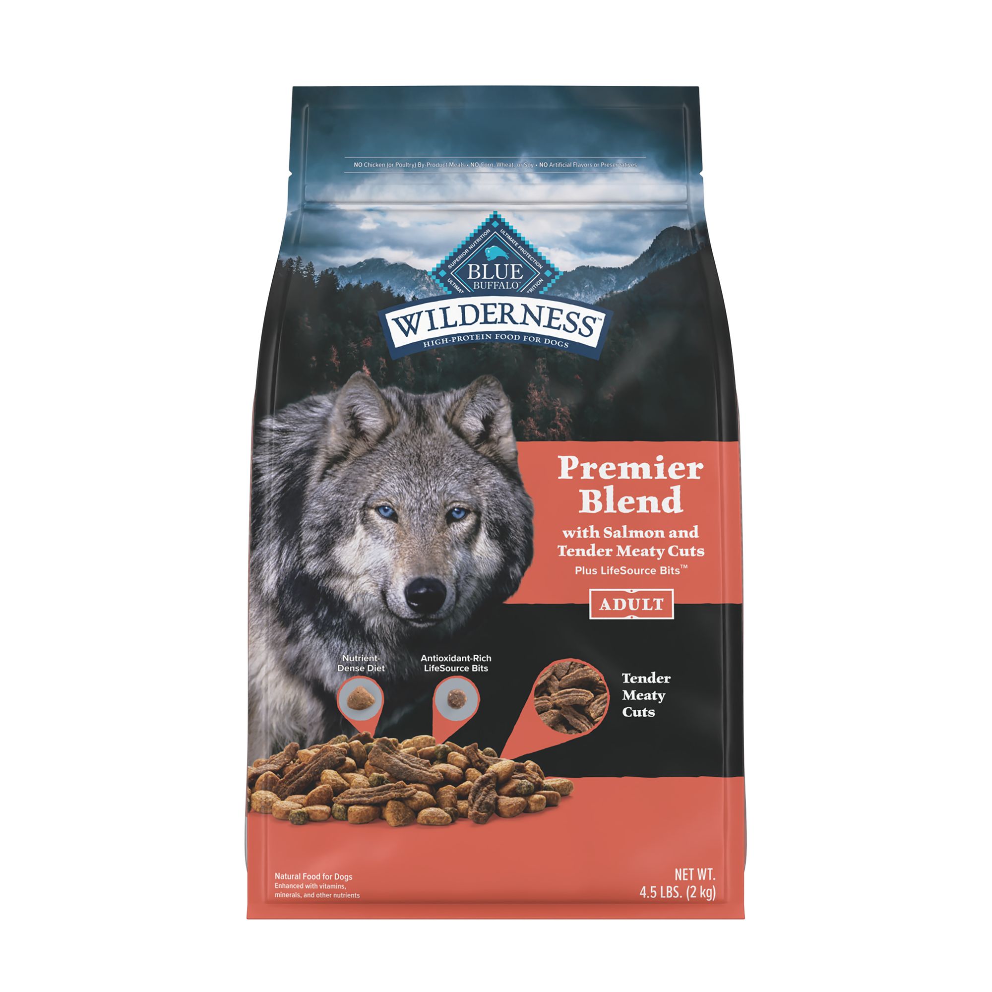 Blue Buffalo Wilderness Premier Blend Adult Natural Meaty Cuts Salmon Dry Dog Food 4.5 lb Bag