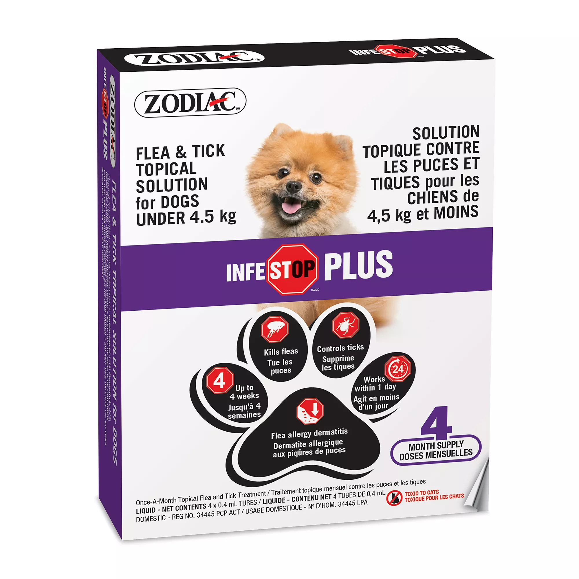 ZODIAC Infestop Plus Topical Flea Treatment for Dogs UNDER 4.5 kg - 4 Count