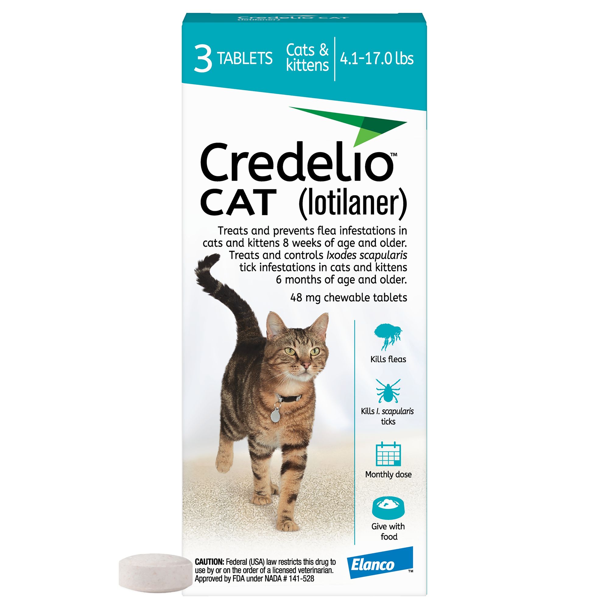 Credelio Chewable Tablets for Cats 4.1 17 lbs Teal Box