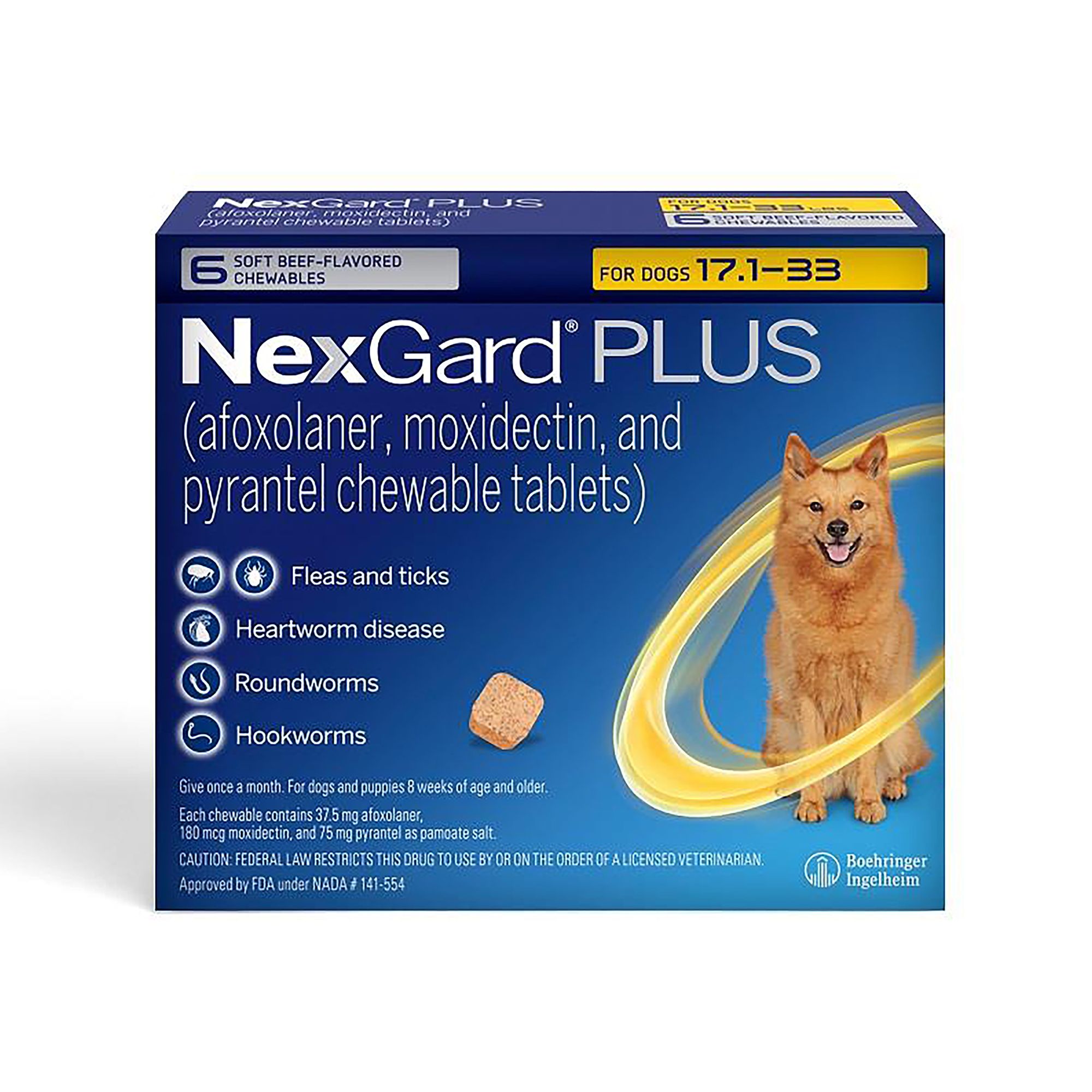 NexGard Plus Chewable Tablets for Dogs 17.1 33 lbs Gold Box Size 6 Count PetSmart