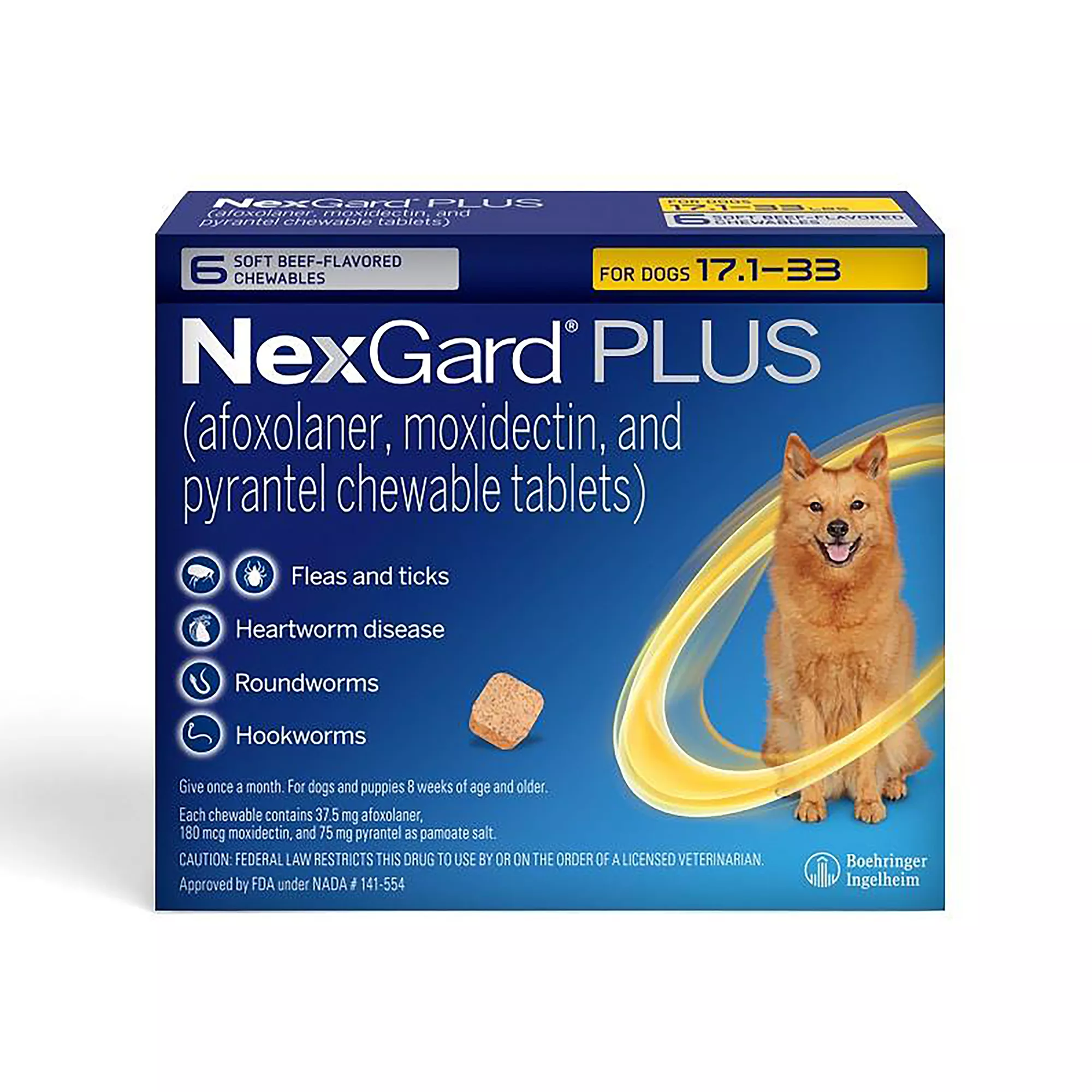 NexGard Plus Chewable Tablets for Dogs - 17.1-33 lbs, Gold Box