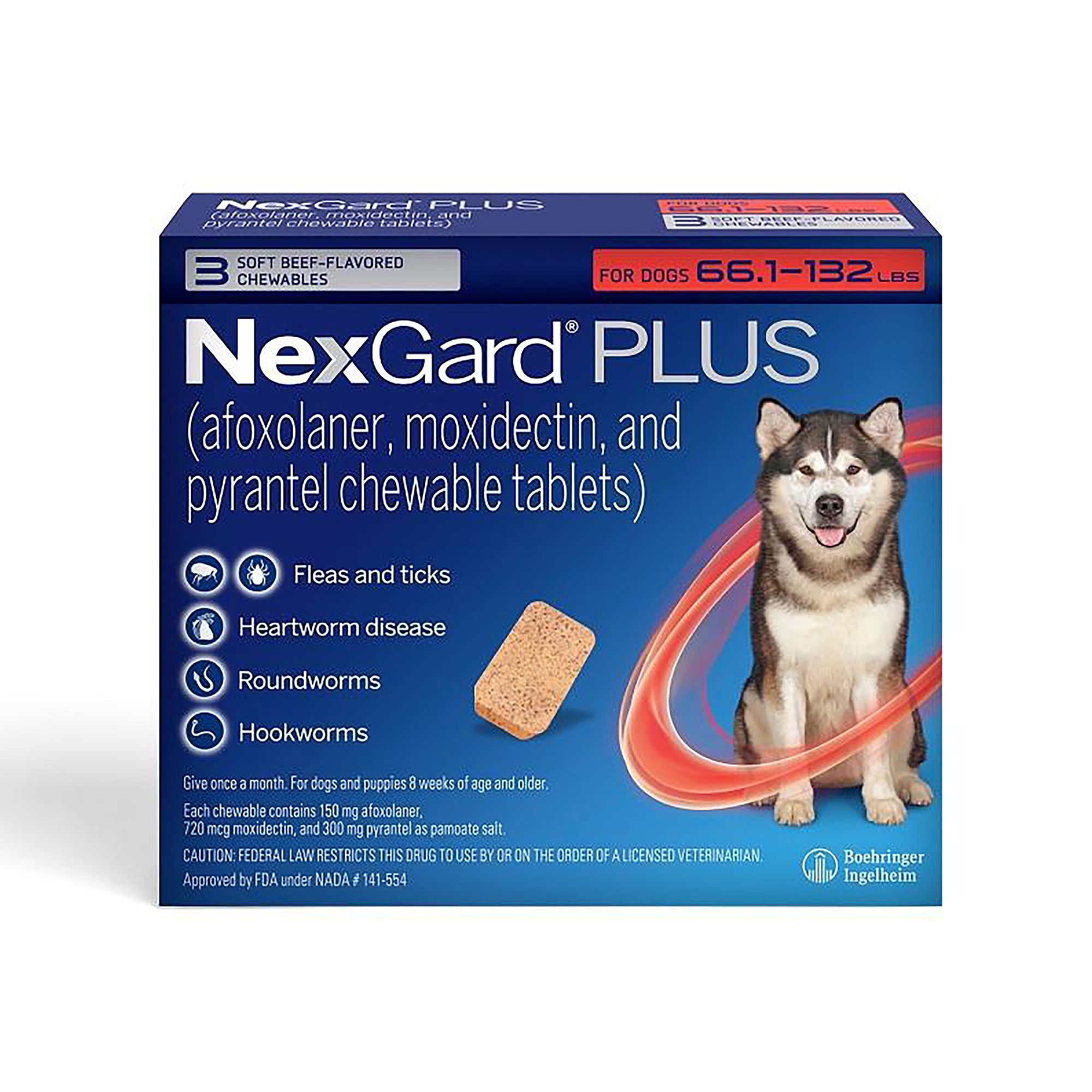 NexGard Plus Chewable Tablets for Dogs 66.1 132 lbs Red Box