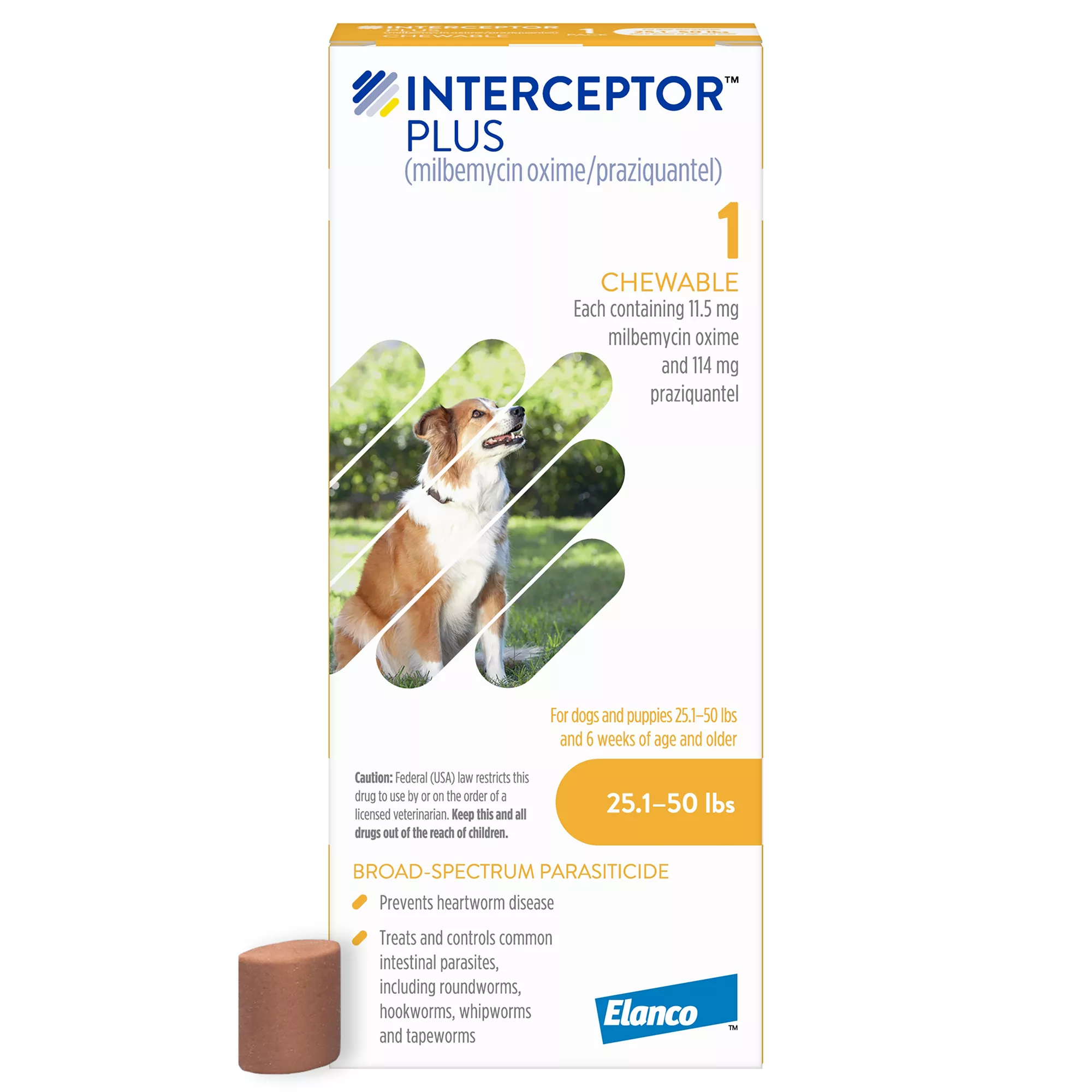 Interceptor Plus Chewable Tablets for Dogs - 25.1-50 lbs, Yellow Box