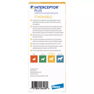 Product Interceptor Plus Chewable Tablets for Dogs - 25.1-50 lbs, Yellow Box