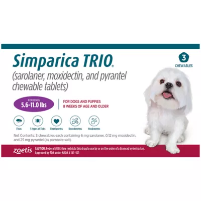 Product Simparica Trio Chewable Tablets for Dogs - 5.6-11 lbs, Purple Box