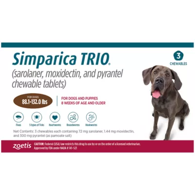 Product Simparica Trio Chewable Tablets for Dogs - 88.1-132 lbs, Brown Box