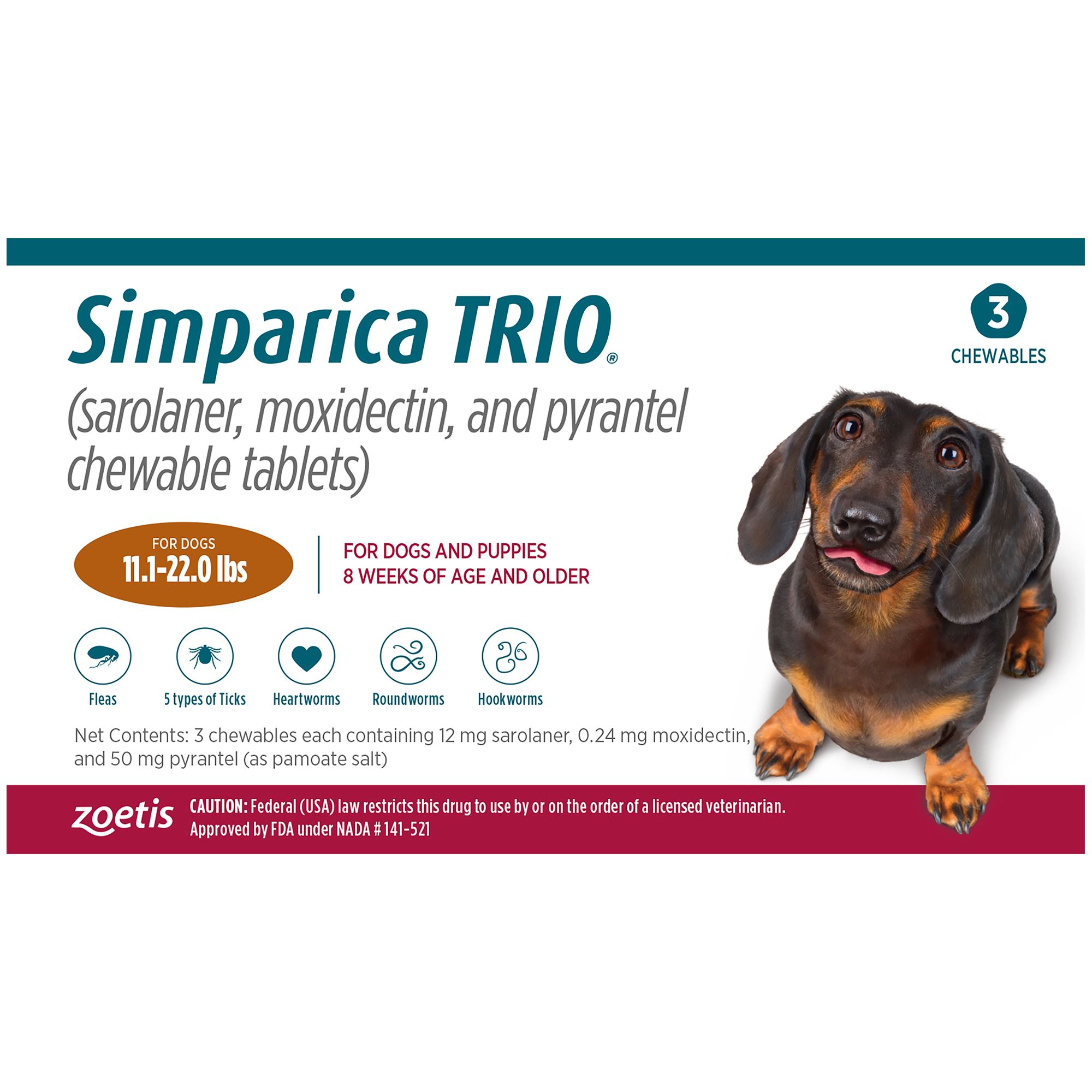 Simparica Trio Chewable Tablets for Dogs 11.122 lbs, Caramel Box