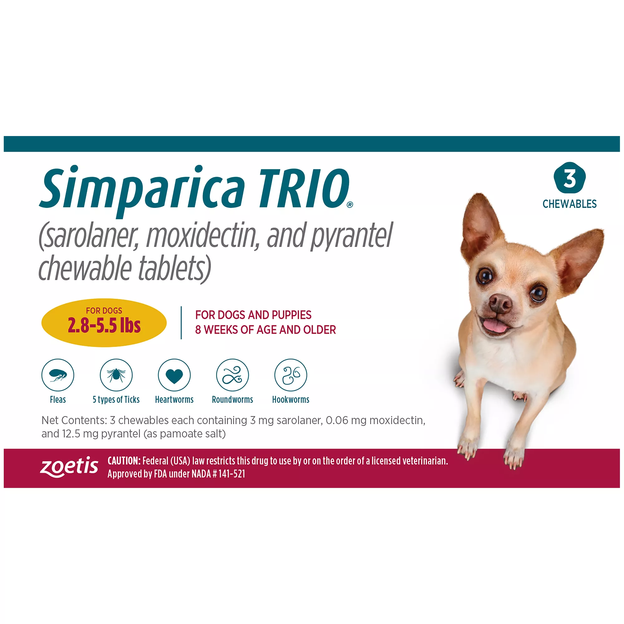 Simparica Trio Chewable Tablets for Dogs - 2.8-5.5 lbs, Gold Box