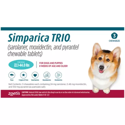 Product Simparica Trio Chewable Tablets for Dogs - 22.1-44 lbs, Blue Box