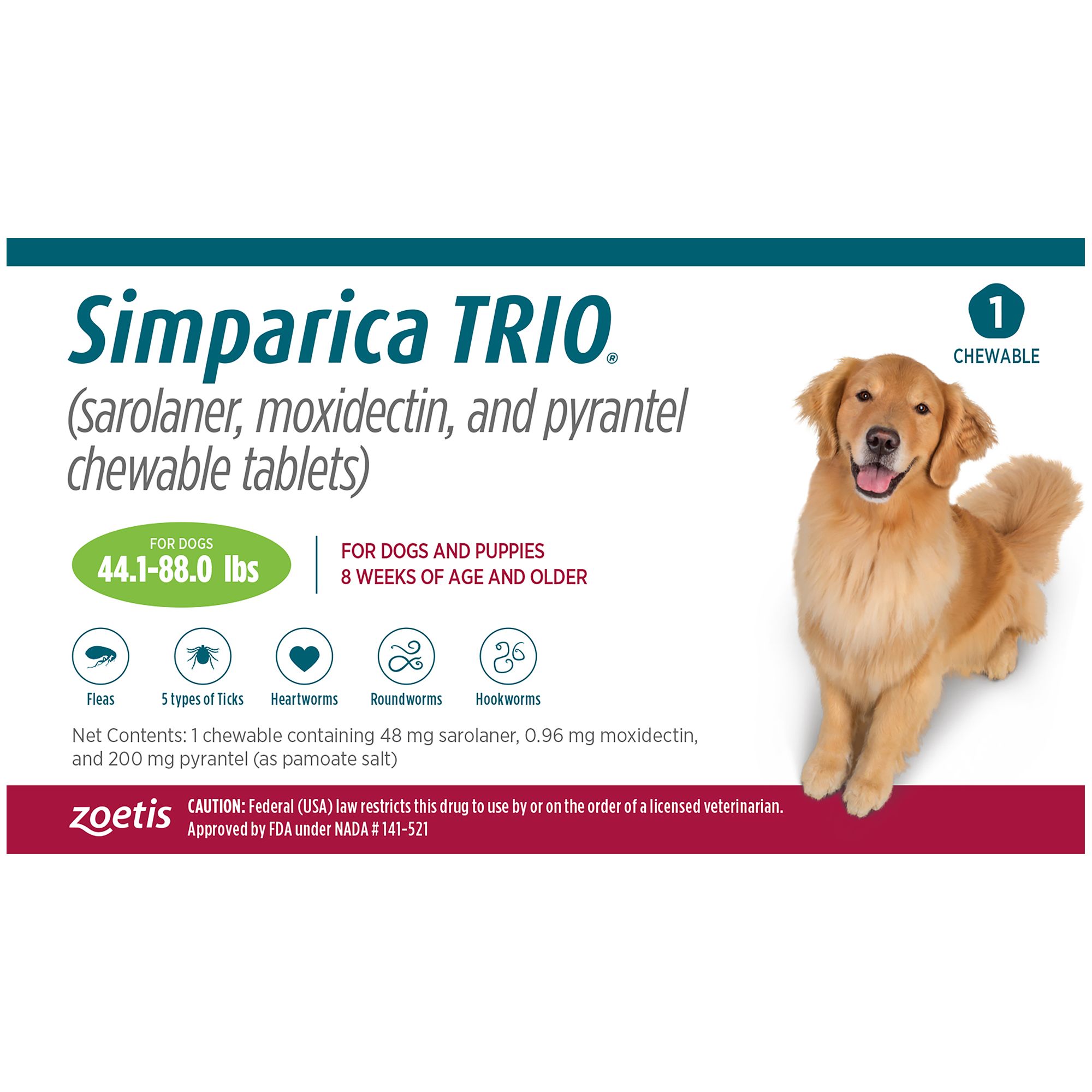 Simparica Trio Chewable Tablets for Dogs - 44.1-88 lbs, Green Box, Pharmacy Flea & Tick