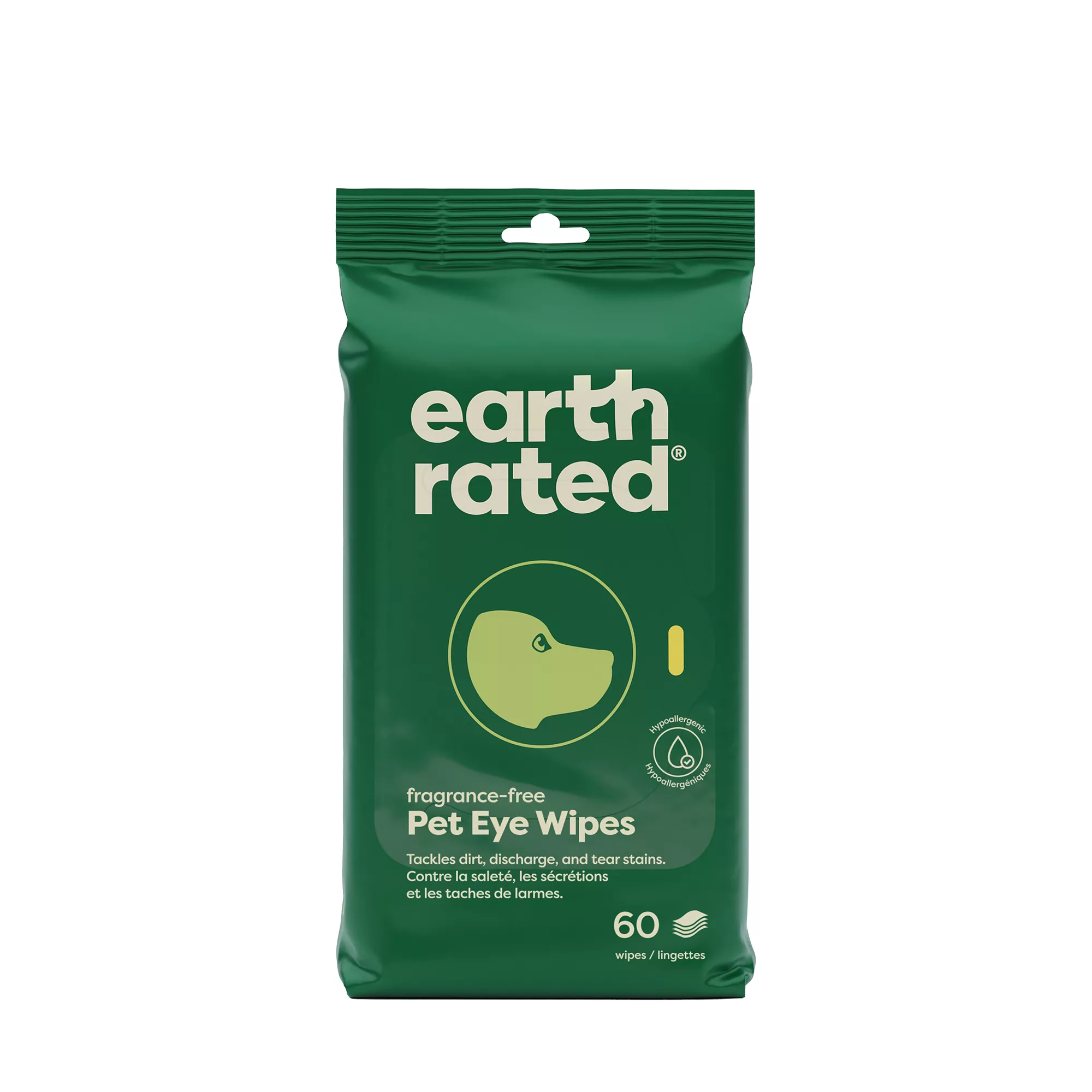 Earth Rated Hypoallergenic Pet Eye Wipes, Plant-Based, Fragrance Free, 60 Count