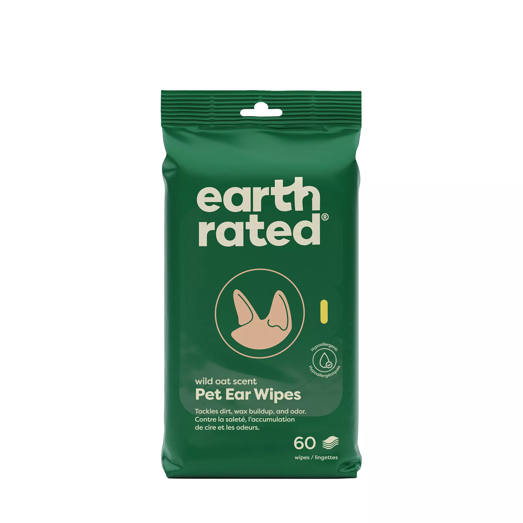 Earth Rated Hypoallergenic Ear Wipes for Dogs and Cats, Wild Oat Scent, 60 Count