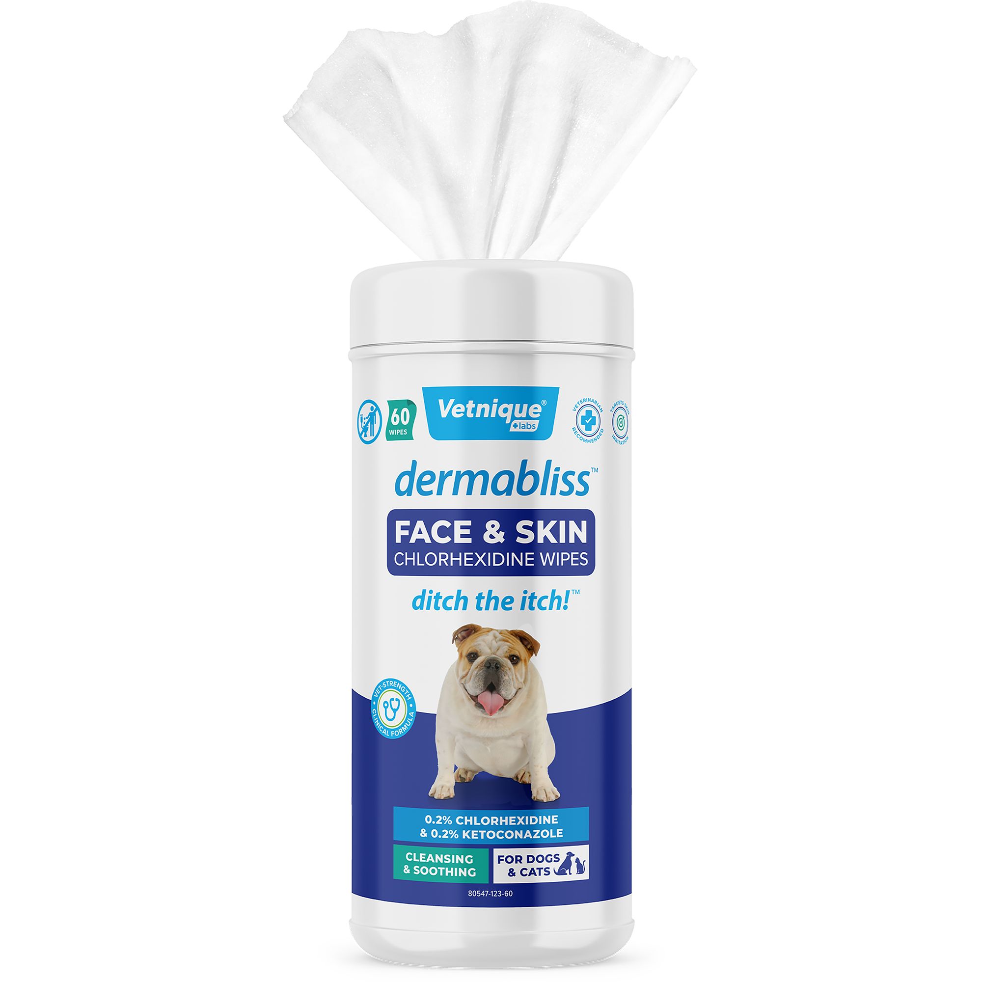 Vetnique Dermabliss Dog Face Wipes Medicated Chlorhexidine Wipes for Dogs with Wrinkles French Bulldog English Bulldog Dog Grooming Wipes