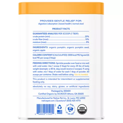 Product Native Pet Organic Pumpkin Fiber Powder Digestive Supplement for Dogs