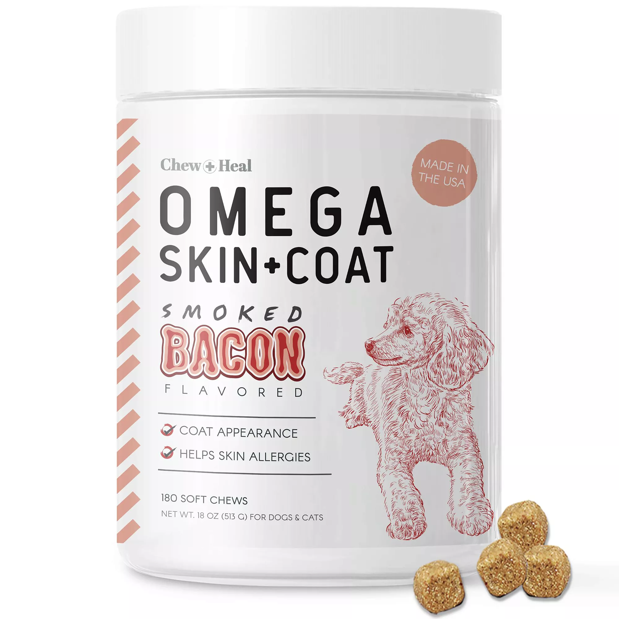 Chew + Heal Omega Skin + Coat Supplement Smoked Bacon Flavor Soft Chews for Dogs