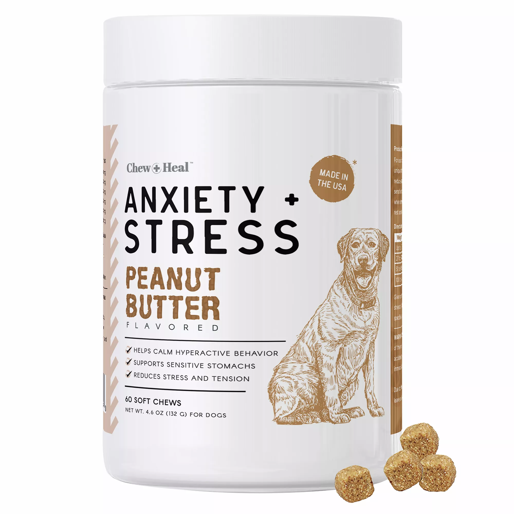 Chew + Heal Anxiety + Stress Calming Supplement Peanut Butter Flavor Soft Chews for Dogs