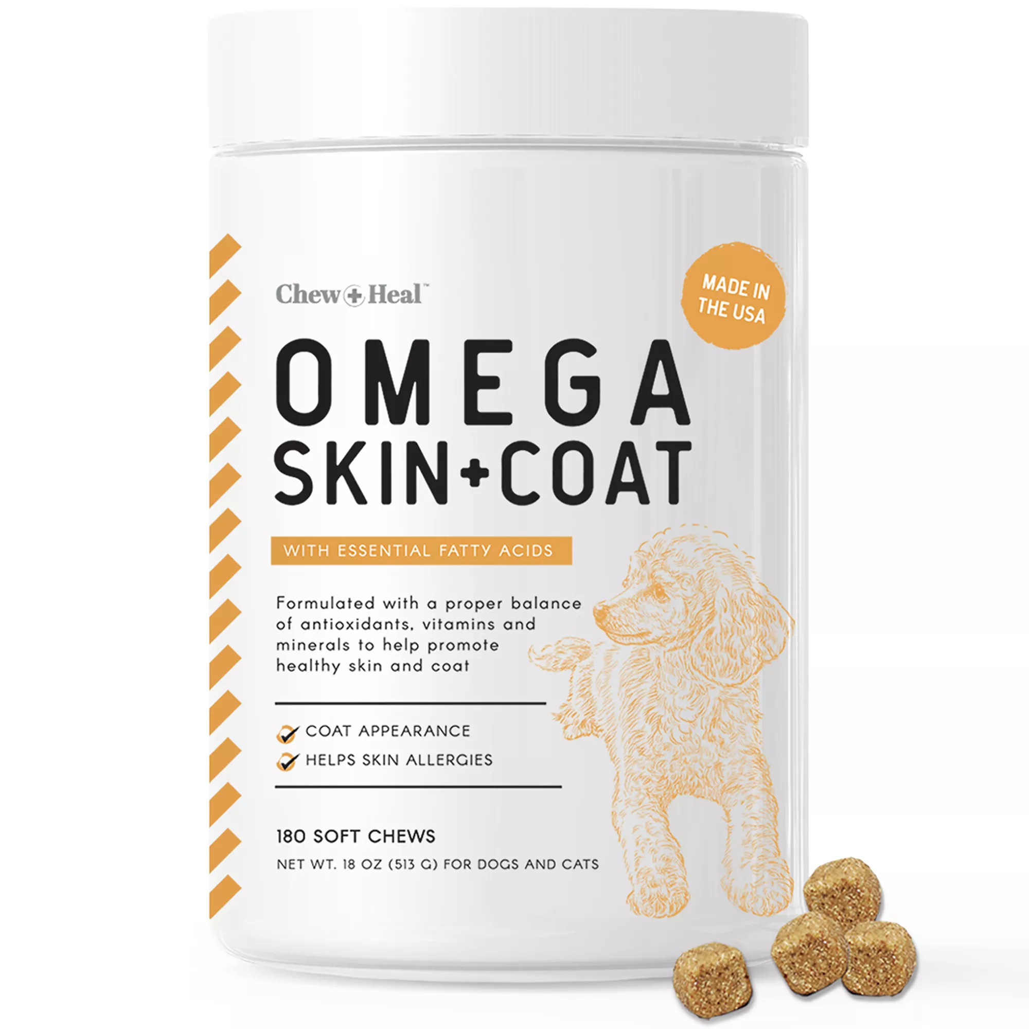 Chew + Heal Omega Skin + Coat Supplement Peanut Butter Flavor Soft Chews for Dogs