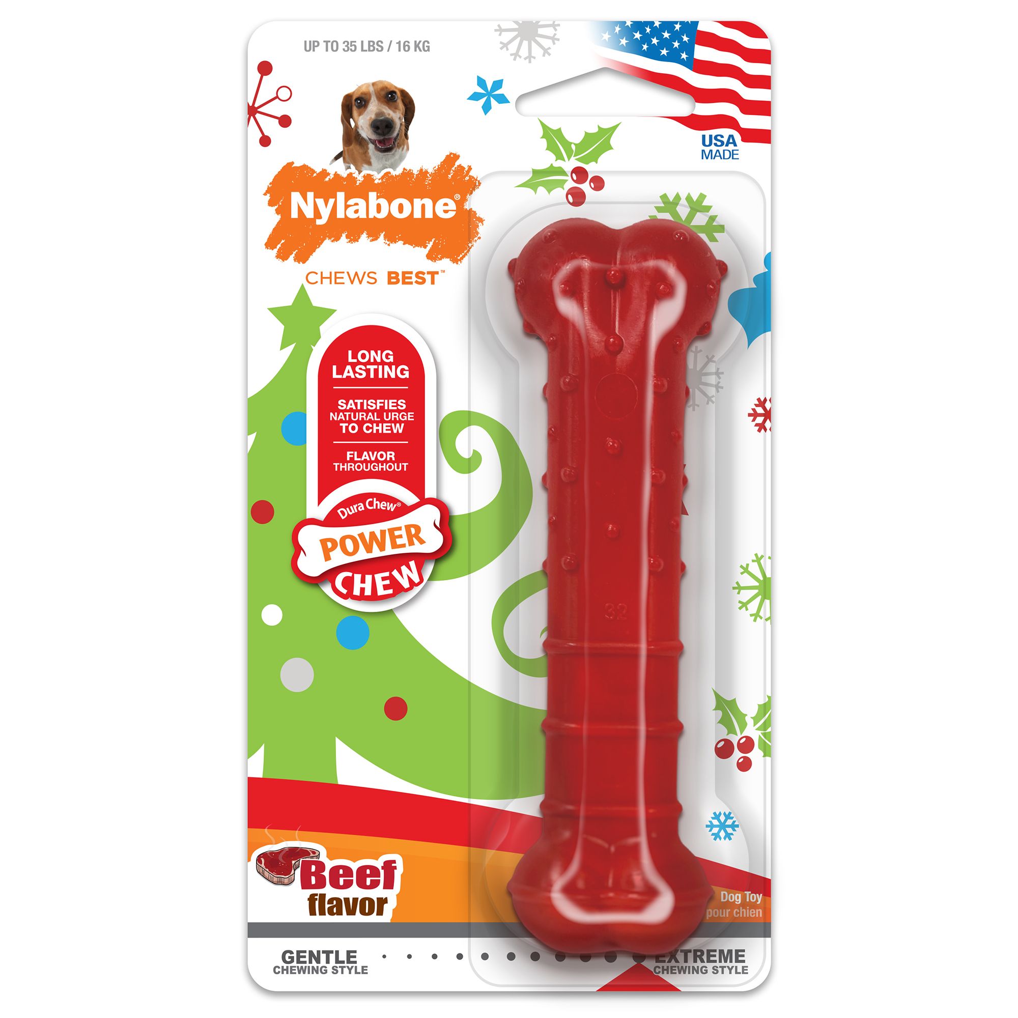 Nylabone Holiday Power Chewer Beef Bone Dog Toy Red