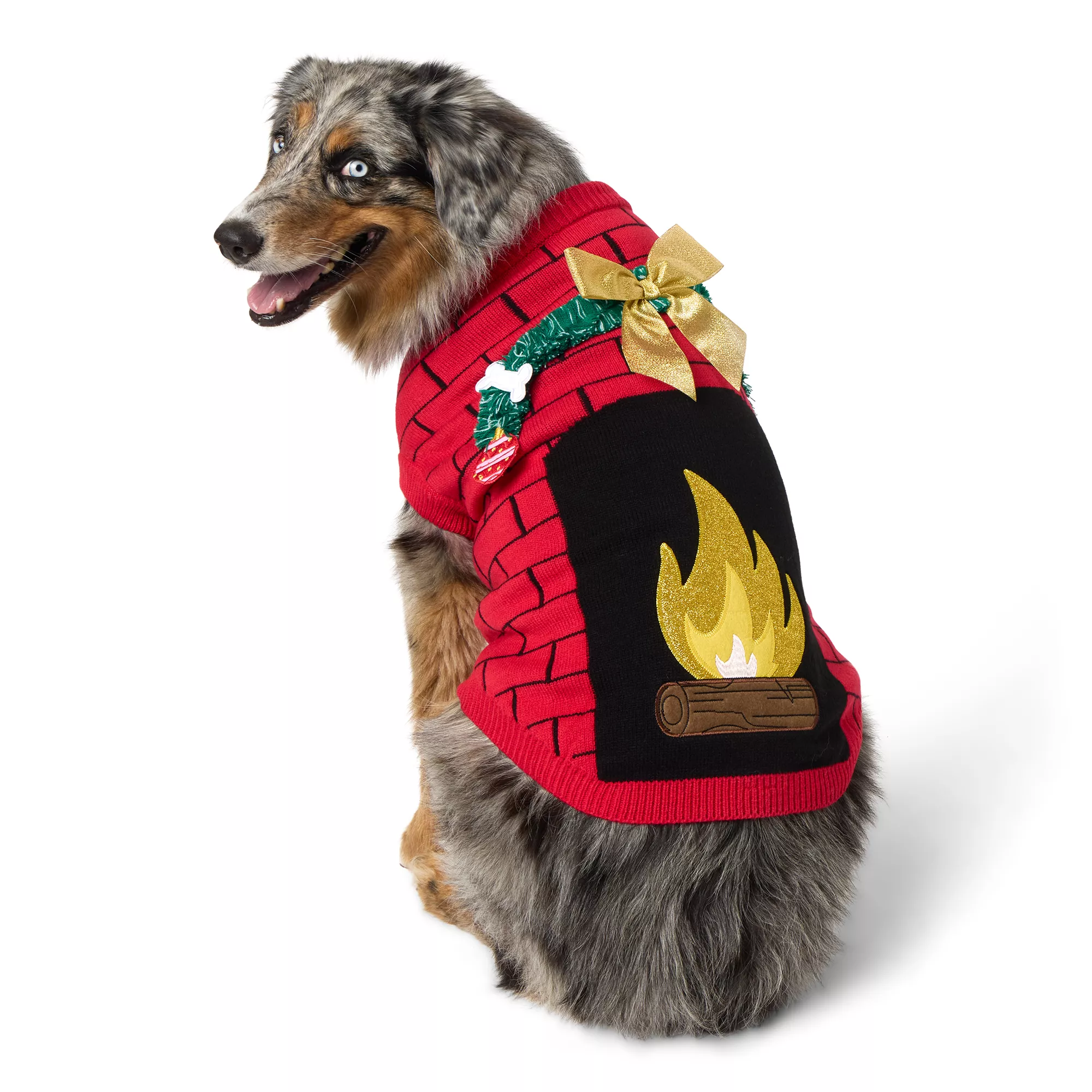 Merry & Bright Fireplace Ugly Sweater, Dog & Cat