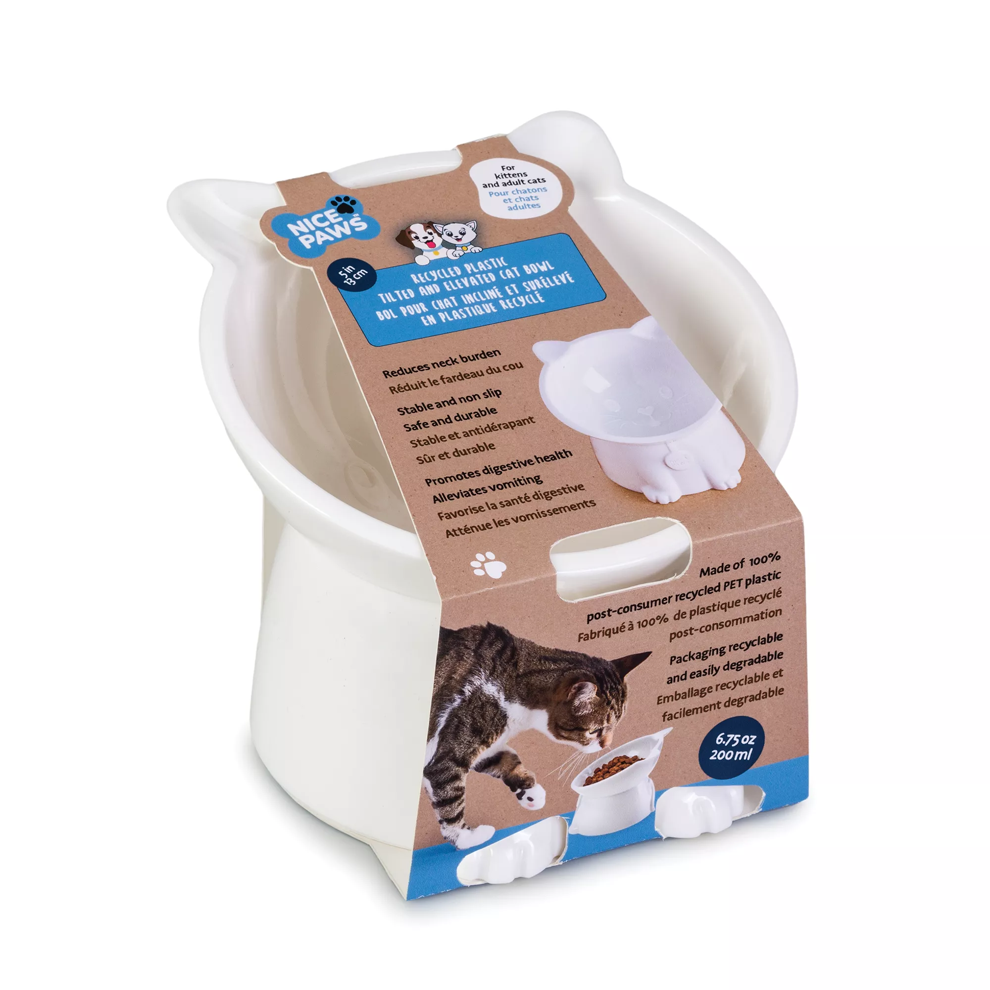 Nice Paws Titled and Elevated Cat Bowl - Recycled Plastic, White