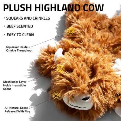 Product Playology Highland Cow Beef Scent Squeaker Plush Dog Toy