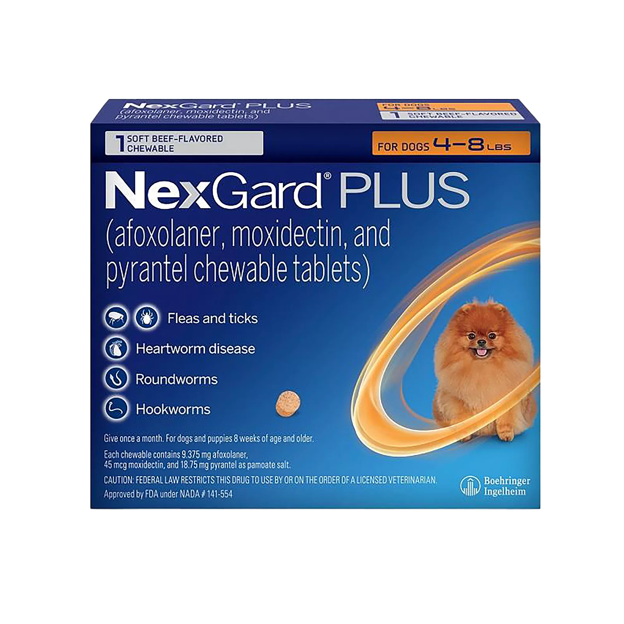 NexGard Plus Chewable Tablets for Dogs - 4-8 lbs, 1M, Orange Box