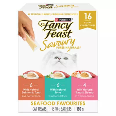 Product Fancy Feast Savoury Puree Naturals Cat Treats - Seafood Favourites Variety Pack, 16 Count