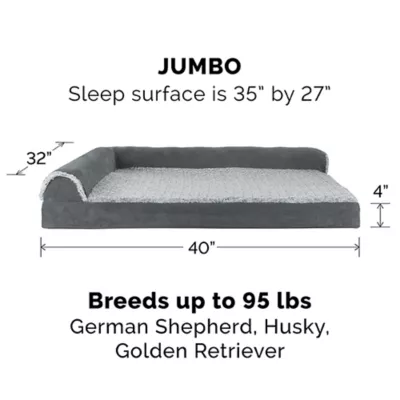 Product FurHaven Two-Tone Faux Fur and Suede Orthopedic Deluxe Chaise Lounge Dog Bed - Stone Gray