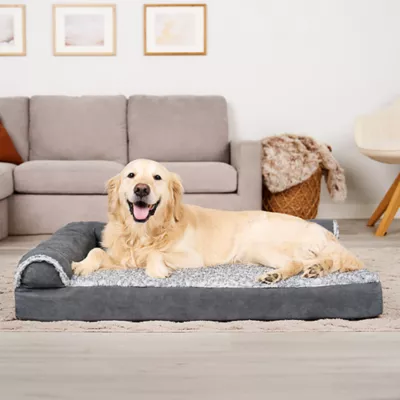 Product FurHaven Two-Tone Faux Fur and Suede Orthopedic Deluxe Chaise Lounge Dog Bed - Stone Gray