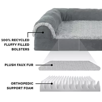 Product FurHaven Two-Tone Faux Fur and Suede Orthopedic Deluxe Chaise Lounge Dog Bed - Stone Gray