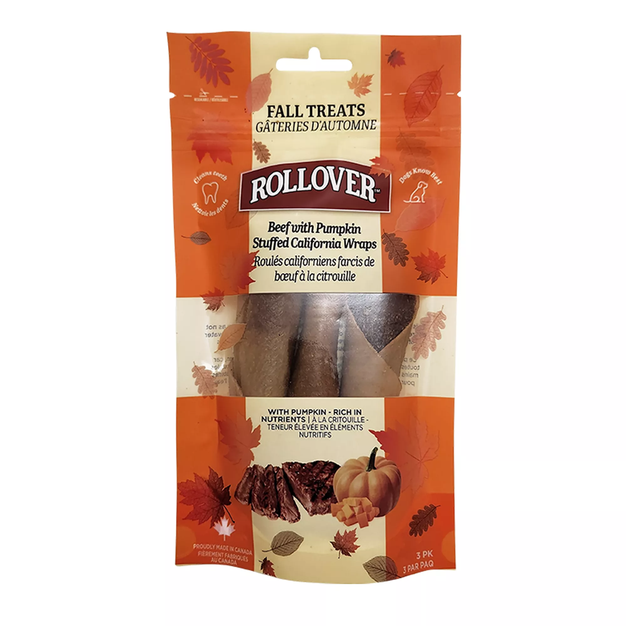 Rollover Dog Treats - Beef with Pumpkin Stuffed California Wraps, 3pk