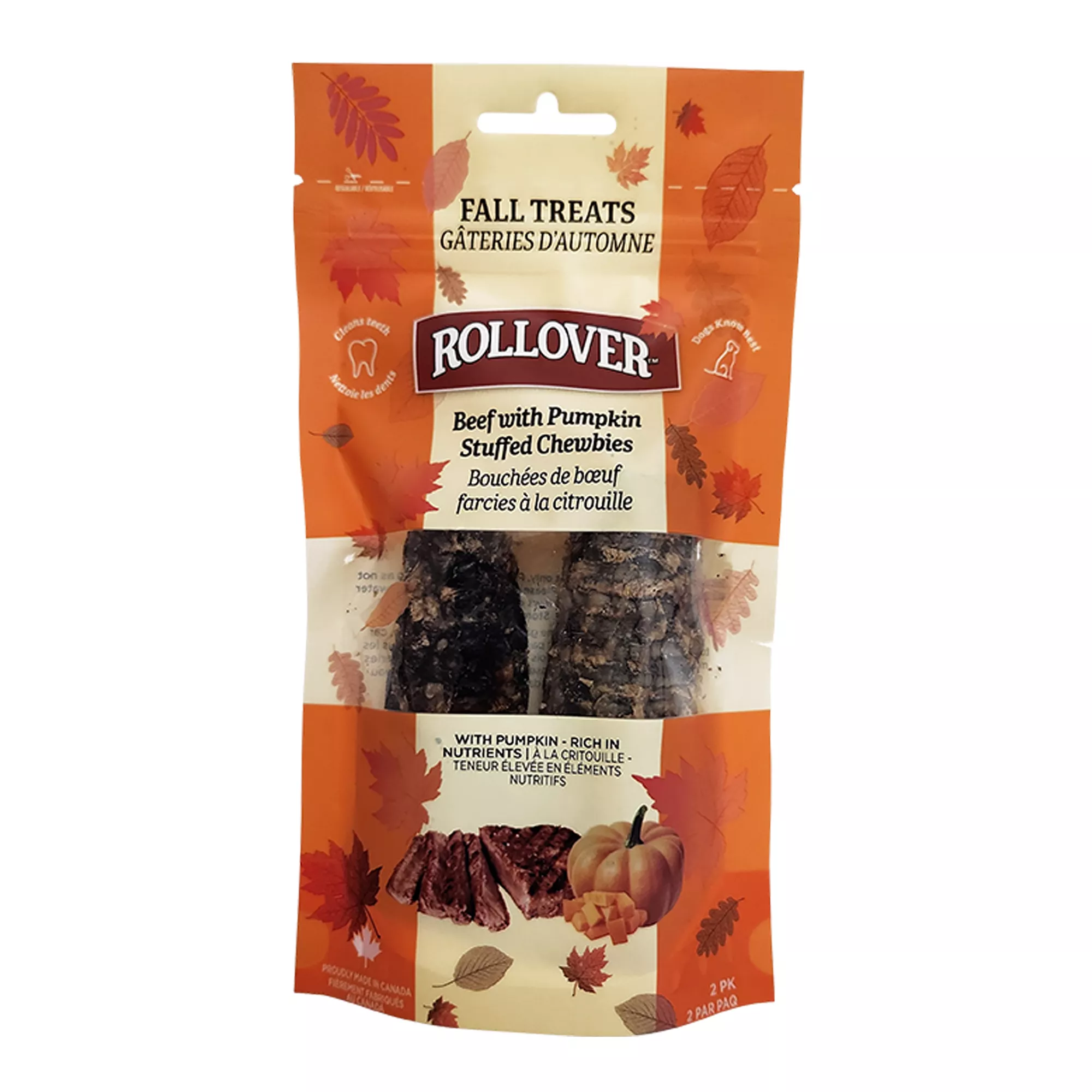 Rollover Dog Treats - Beef with Pumpkin Stuffed Chewbies, 2pk