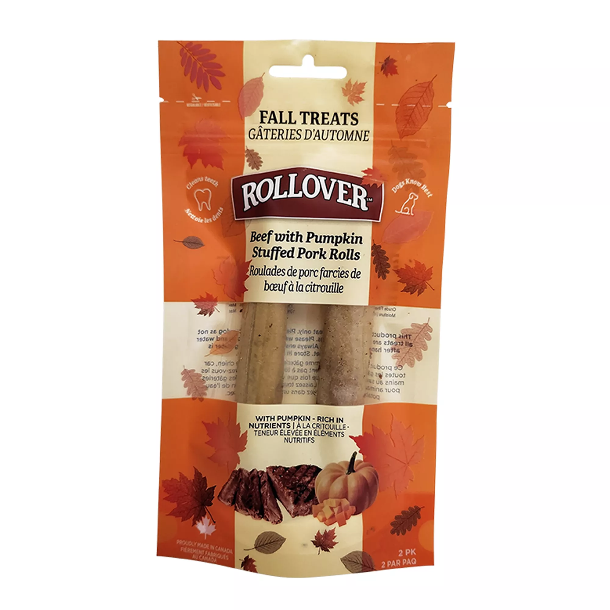 Rollover Dog Treats - Beef with Pumpkin Stuffed Pork Rolls, 2pk