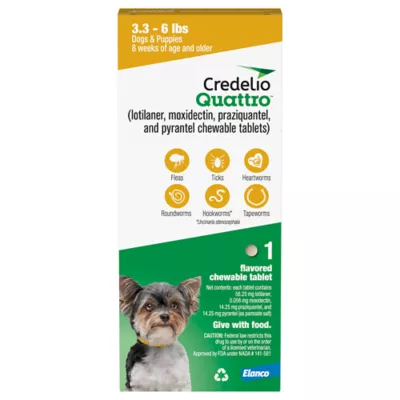 Product Credelio Quattro Chewable Tablets for Dogs - 3.3-6 lbs, Yellow Box