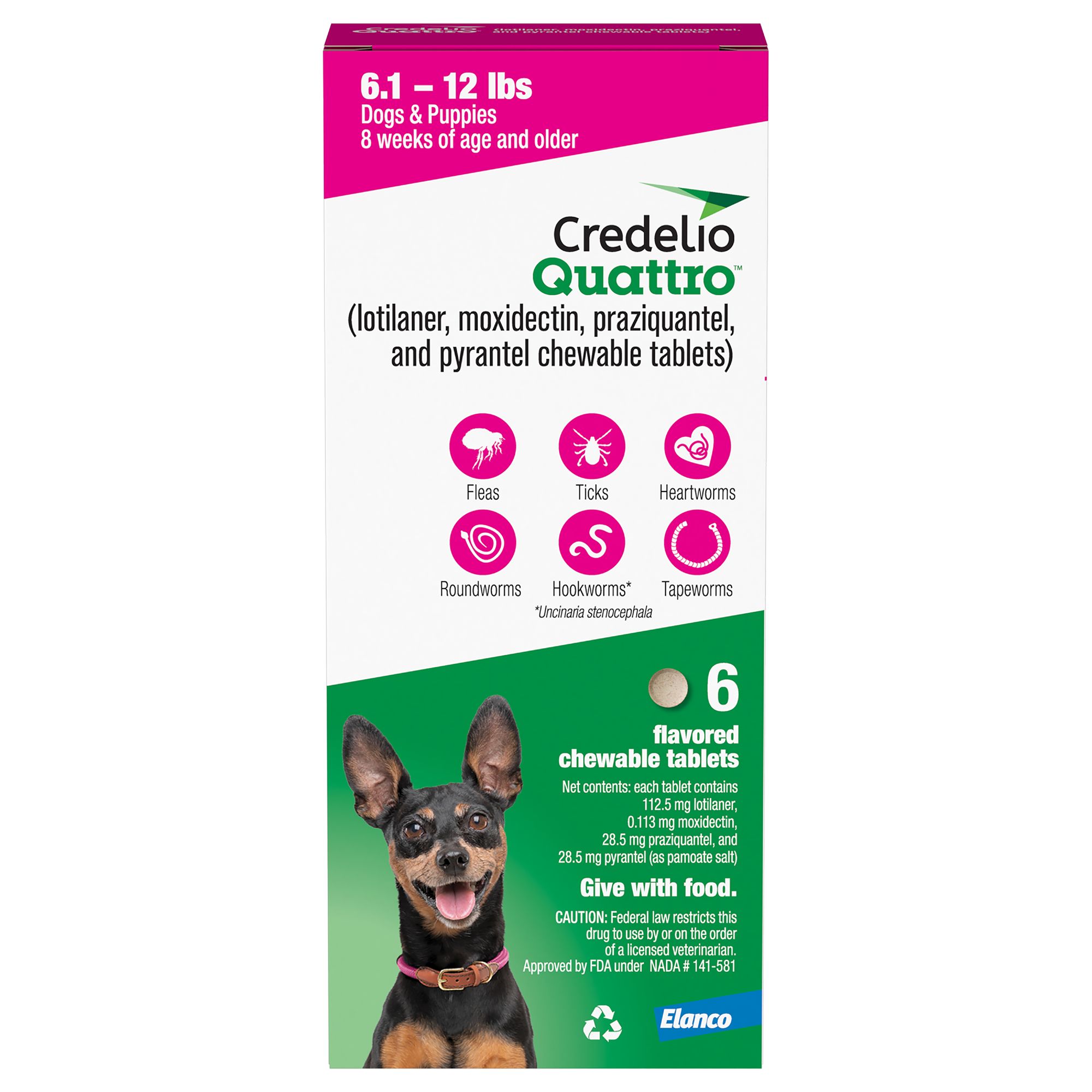 Credelio Quattro Chewable Tablets for Dogs - 6.1-12 lbs, Pink Box