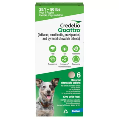 Product Credelio Quattro Chewable Tablets for Dogs - 25.1-50 lbs, Green Box