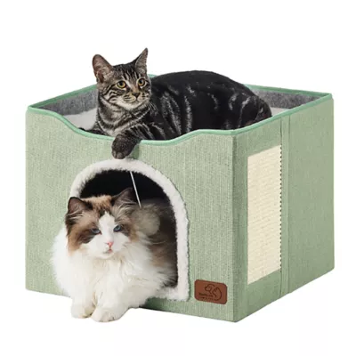 Bedsure® Large Cat Bed for Indoor Cats, Extra Wide Cat Cube House with Fluffy Ball & Scratch Pad - Image 1