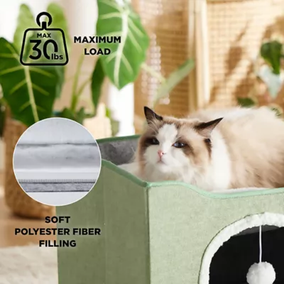 Bedsure® Large Cat Bed for Indoor Cats, Extra Wide Cat Cube House with Fluffy Ball & Scratch Pad - Image 2